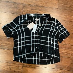button down striped short sleeve collared top